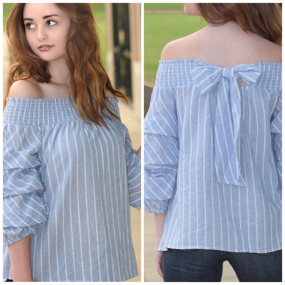 **NWT She and Sky Bow Front Detail Puff Sleeve Stripe Off the Shoulder Shirt - Picture 1 of 9